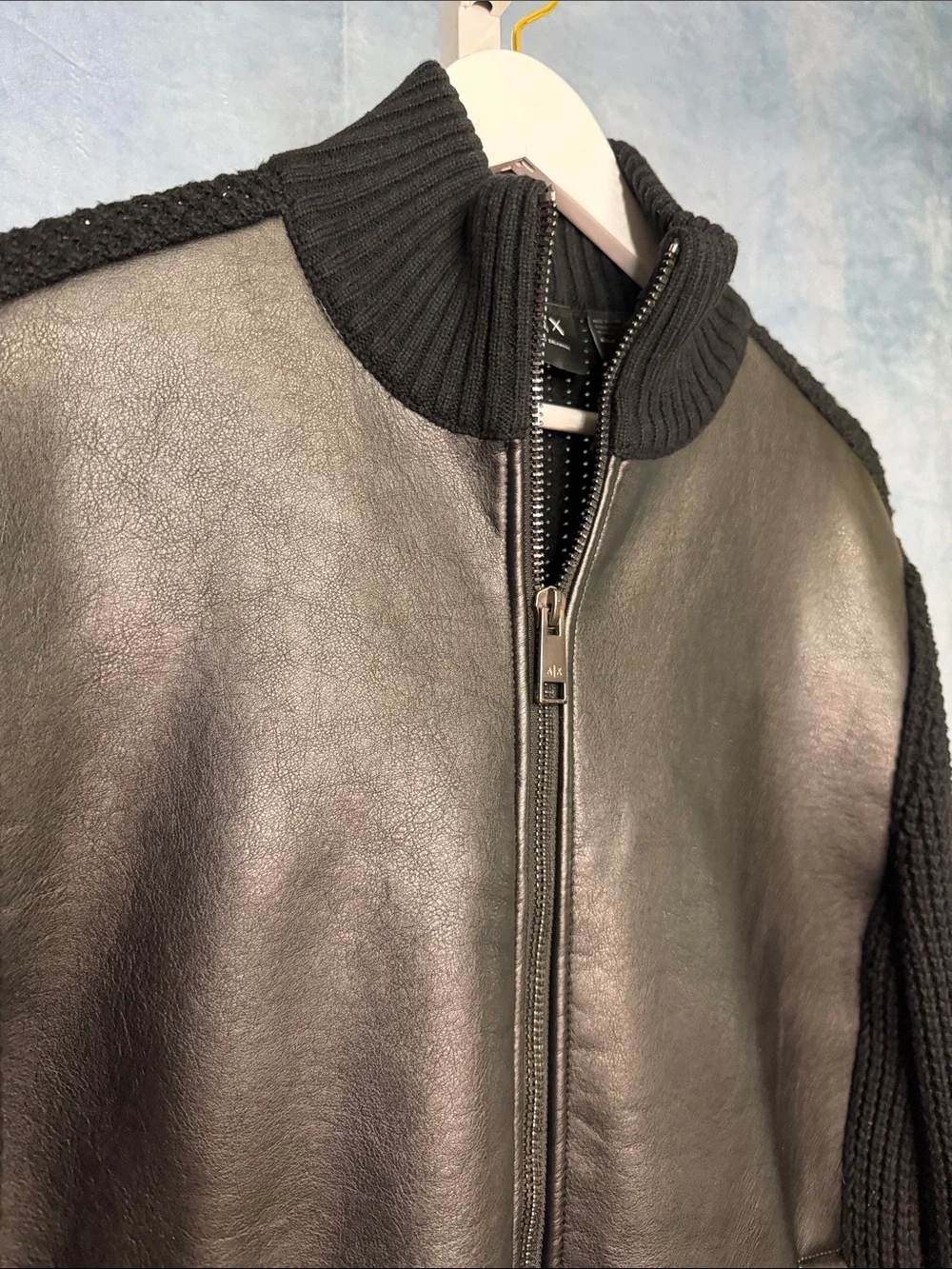 A/X Armani Exchange Black Leather-Front Knit Zip-Up Sweater Size Medium